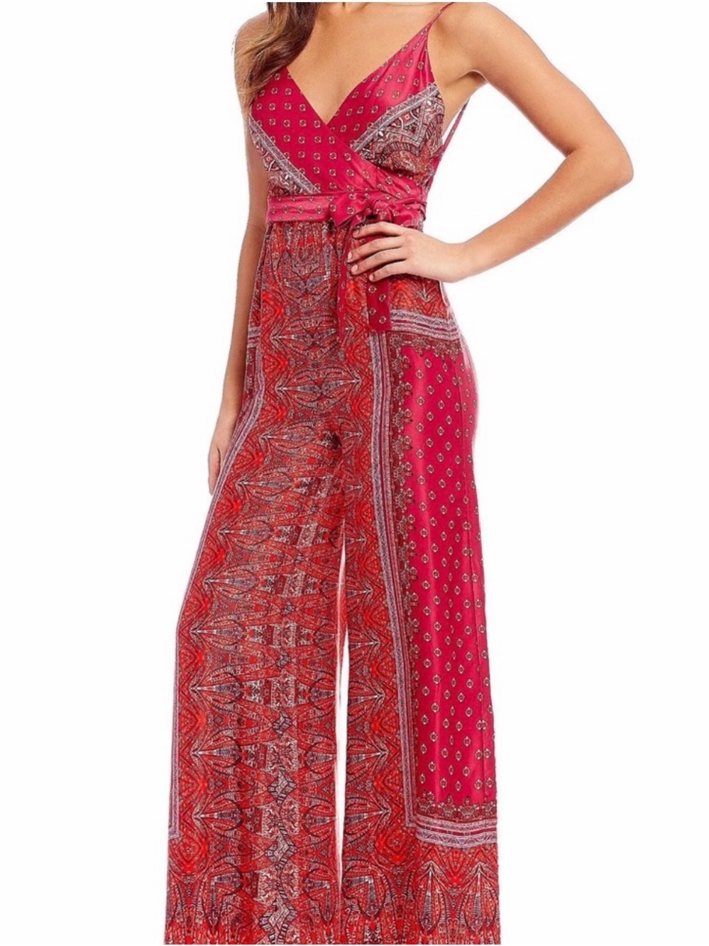 Free People Red Printed Wide Leg Wrap Jumpsuit Boho size 2